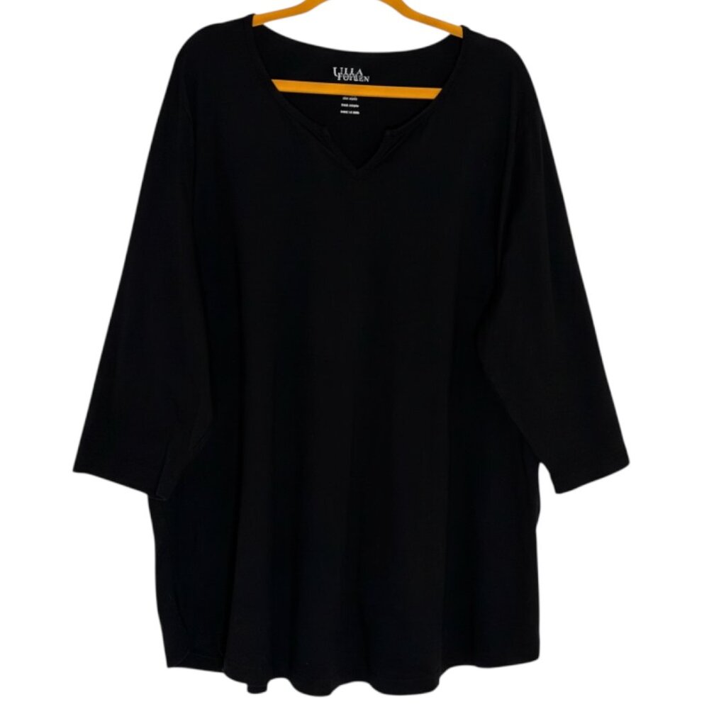 Ulla Popken Tunic Top Knit Shirt Blouse Notch Neck Cotton Black 24 26